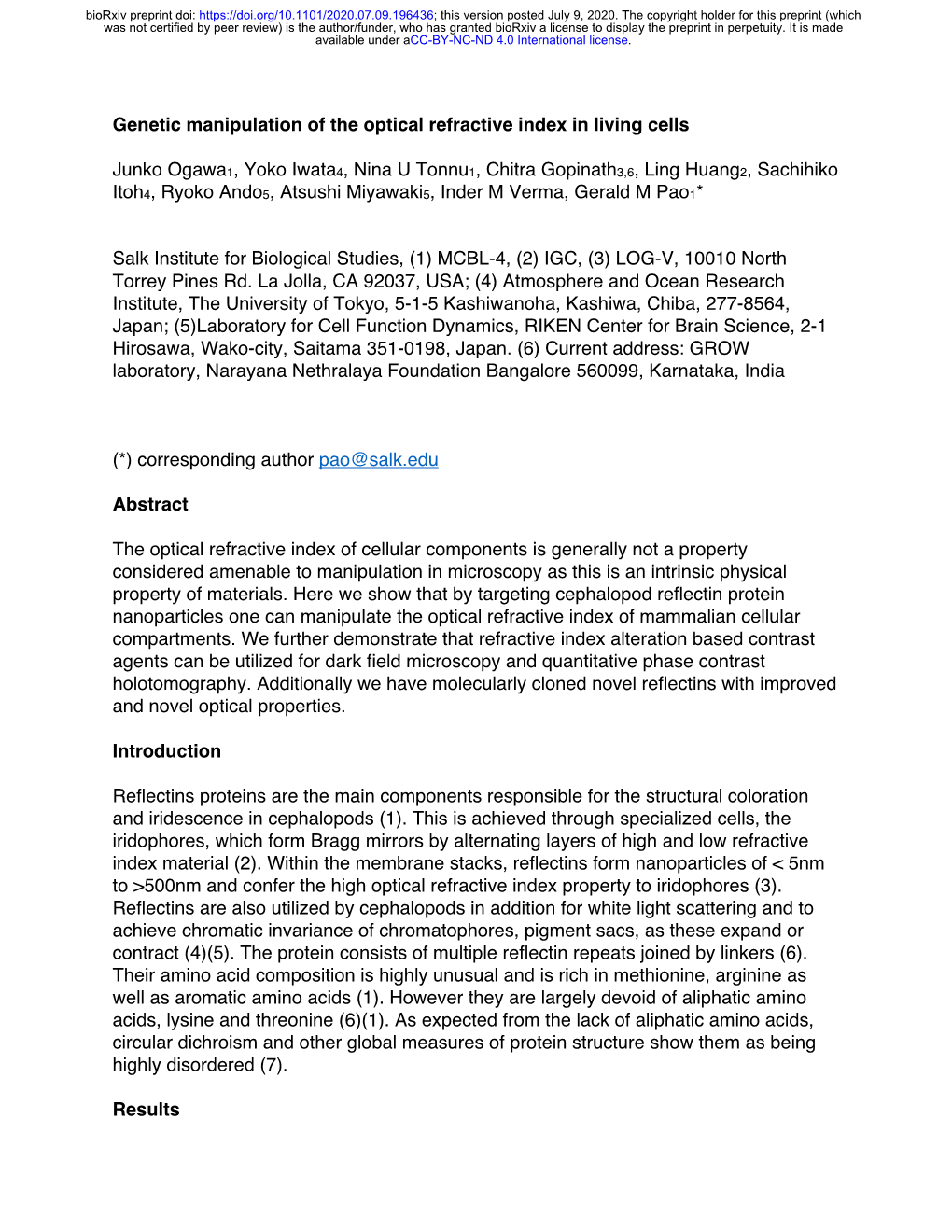 Genetic Manipulation of the Optical Refractive Index in Living Cells