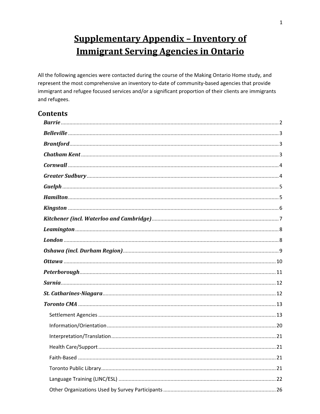 Supplementary Appendix – Inventory of Immigrant Serving Agencies in Ontario