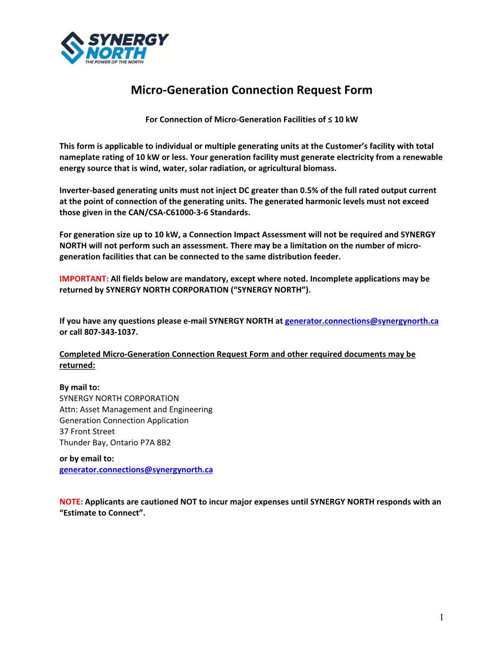 Micro-Generation Connection Request Form