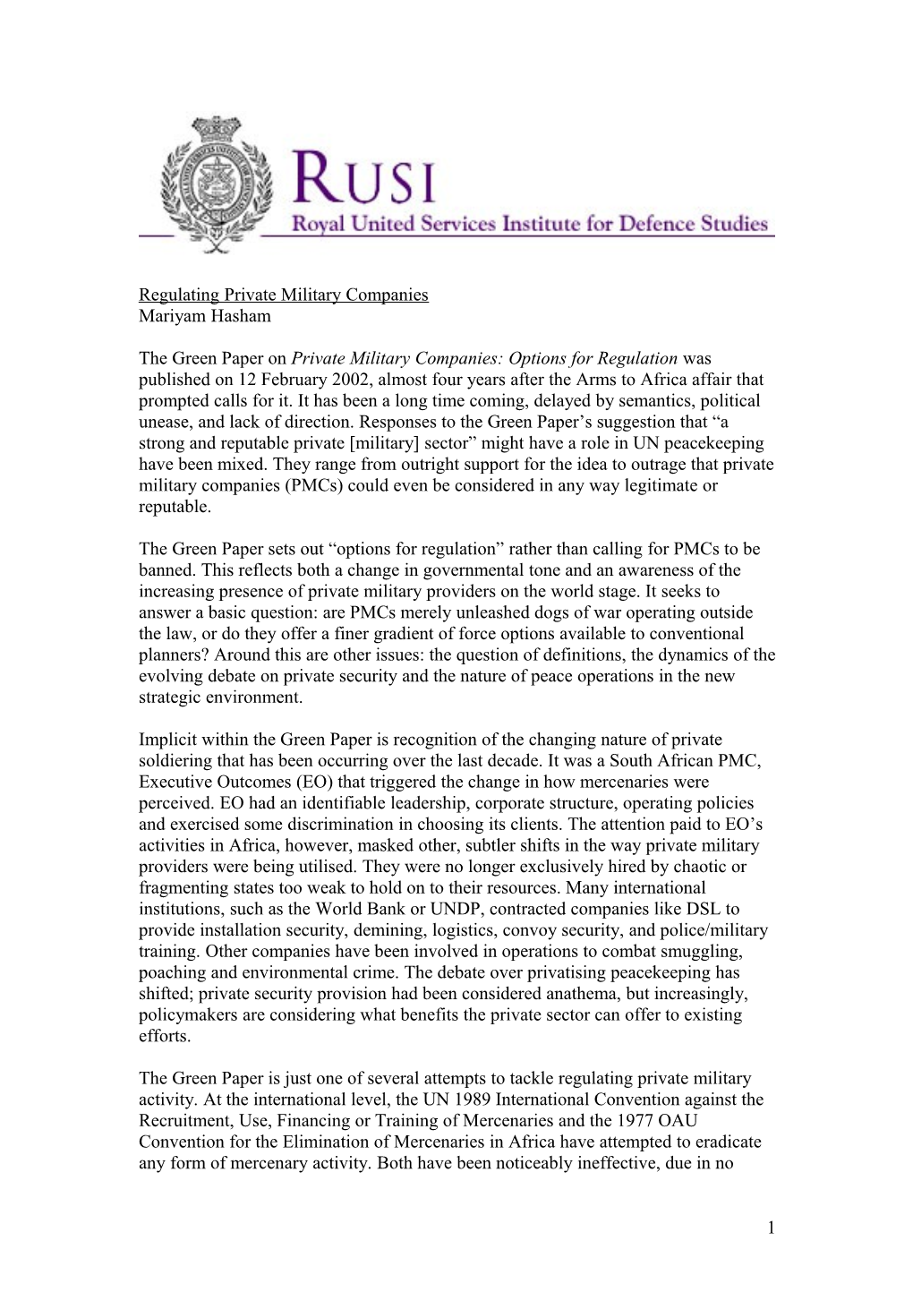 RUSI Newsbrief on Green Paper