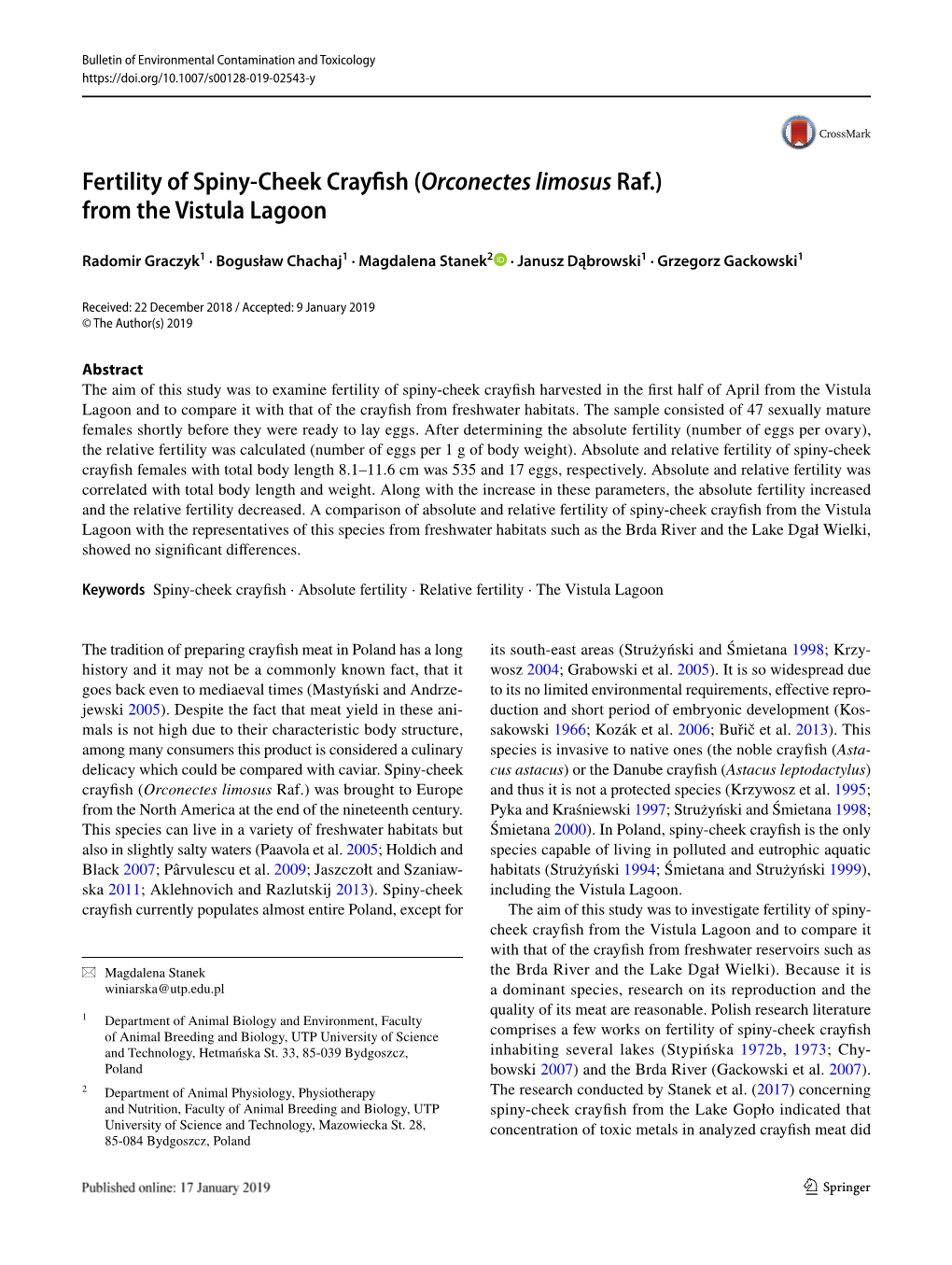 Fertility of Spiny-Cheek Crayfish (Orconectes Limosus Raf.) from the Vistula Lagoon