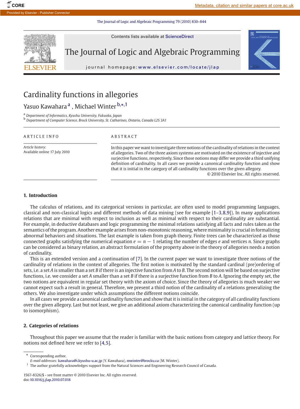 Cardinality Functions in Allegories ∗ Yasuo Kawahara a , Michael Winter B, ,1