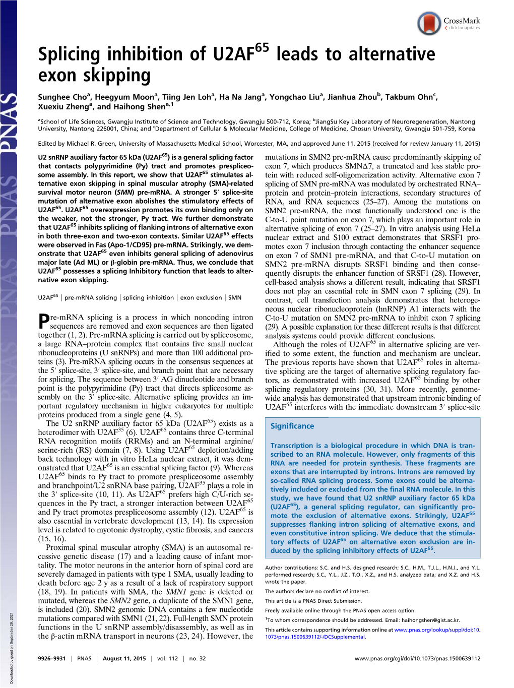 Splicing Inhibition of U2AF Leads to Alternative Exon Skipping