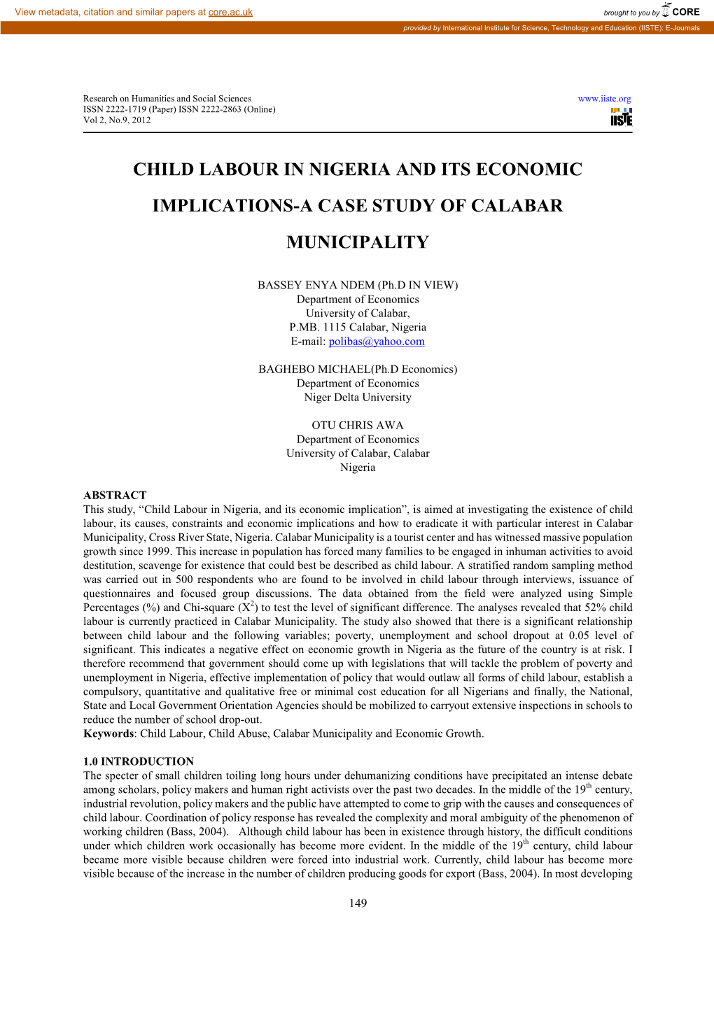 Child Labour in Nigeria and Its Economic Implications-A Case Study of Calabar Municipality