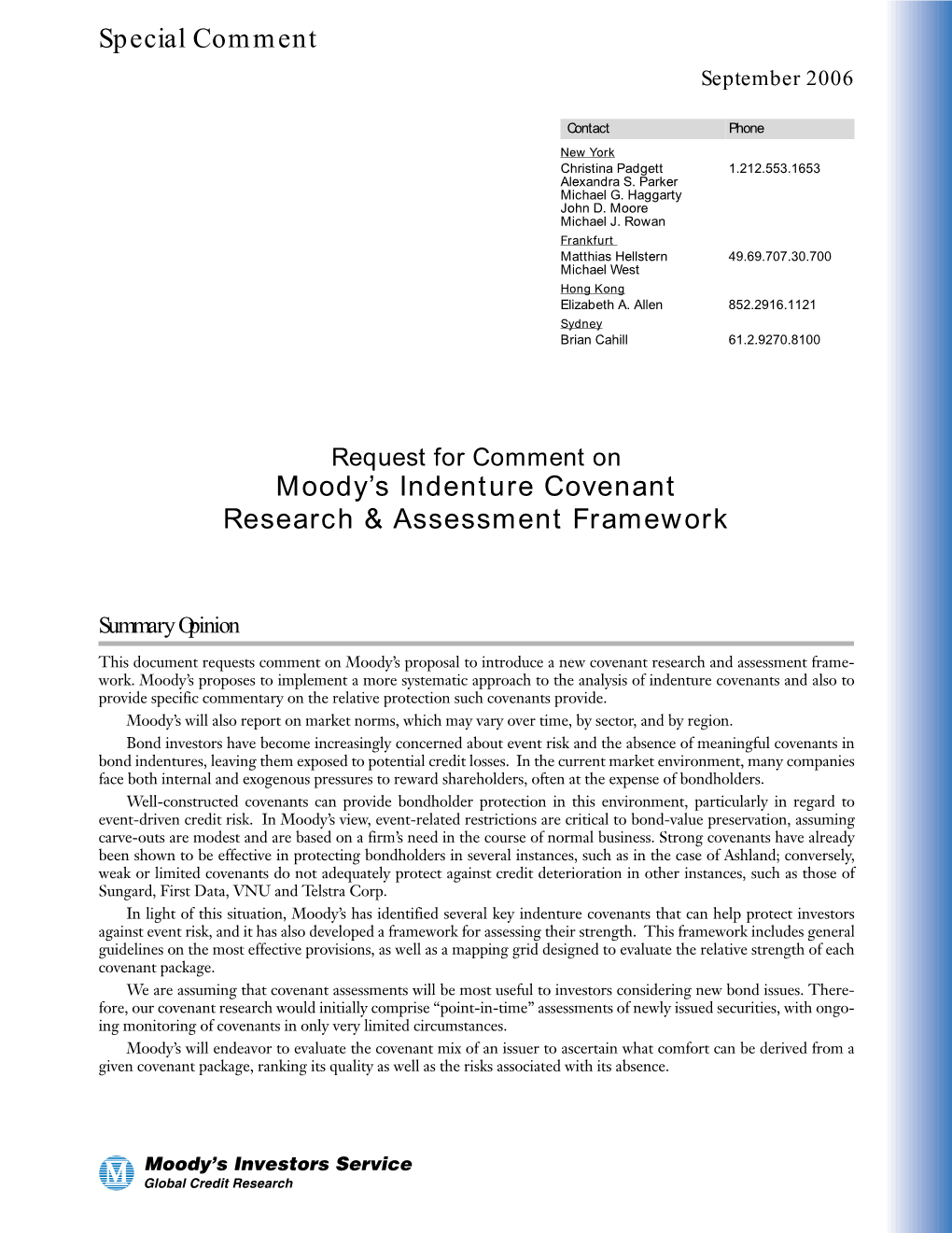 Moody's Indenture Covenant Research & Assessment Framework