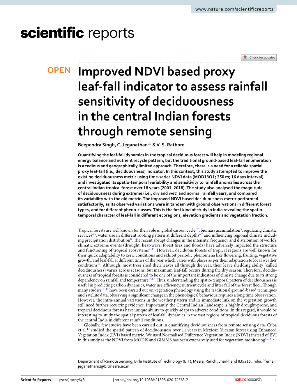 Improved NDVI Based Proxy Leaf-Fall Indicator to Assess Rainfall