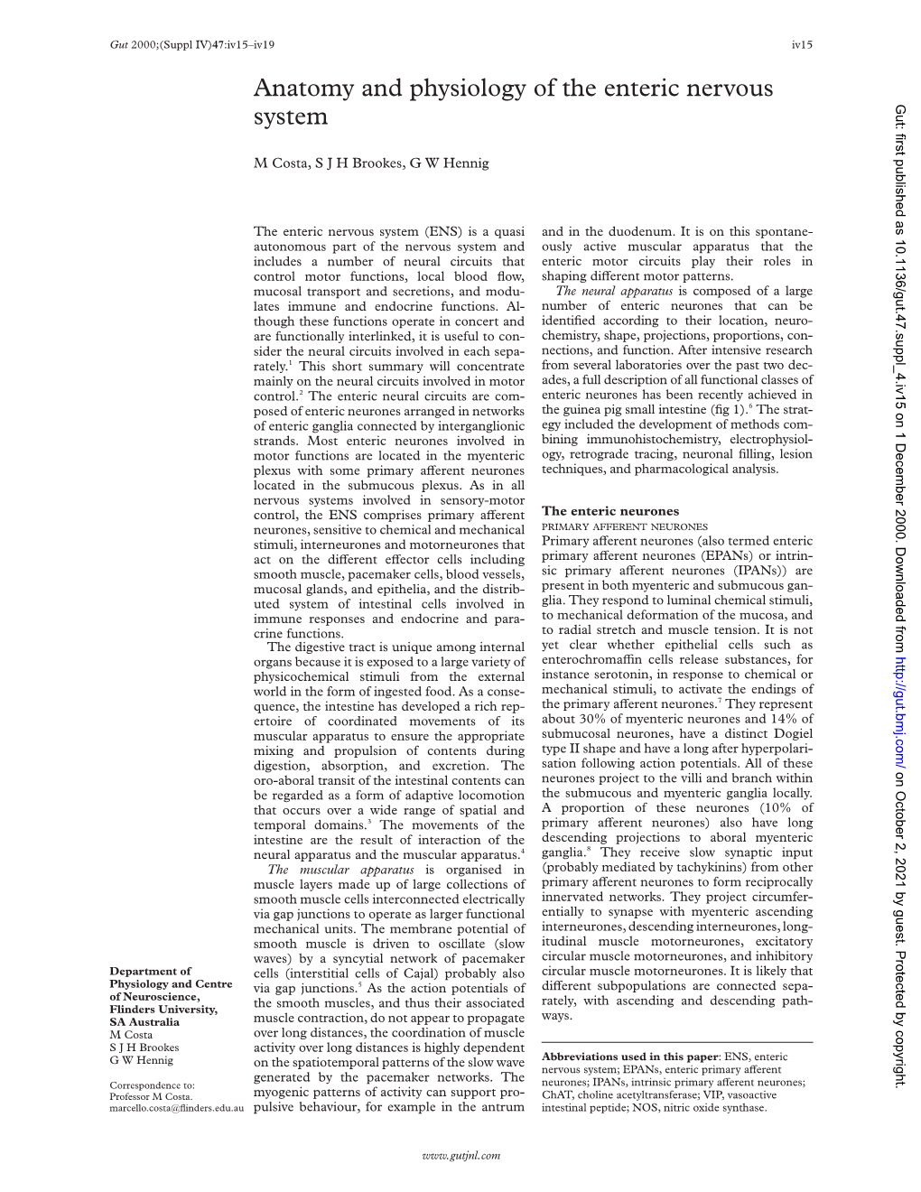 Anatomy and Physiology of the Enteric Nervous System Gut: First Published As 10.1136/Gut.47.Suppl 4.Iv15 on 1 December 2000