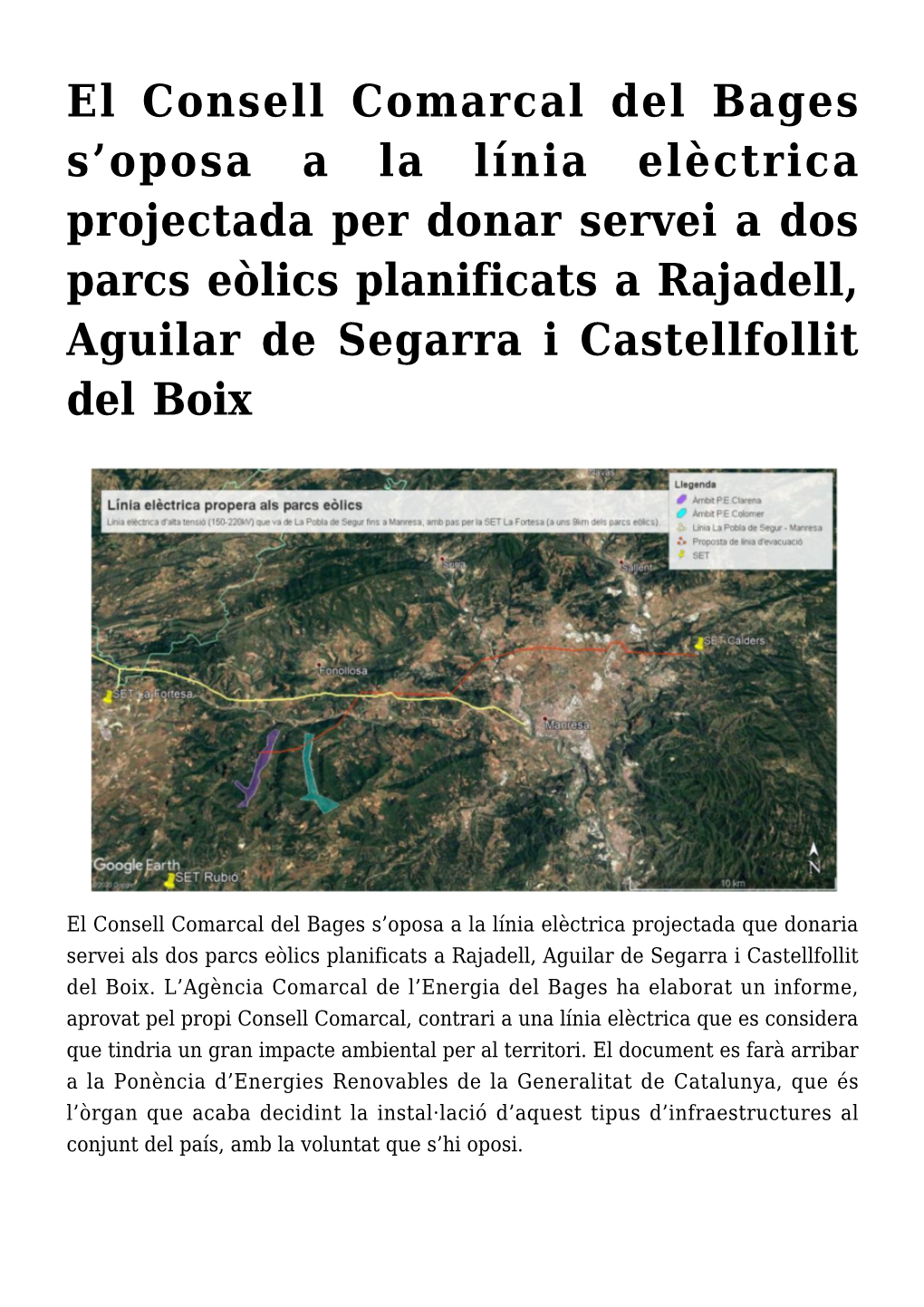 El Consell Comarcal Del Bages S'oposa a La Línia Elèctrica