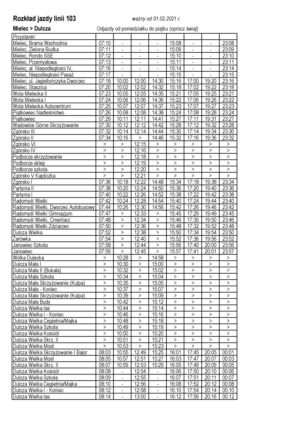 Rozkład Jazdy Linii 103 Ważny Od 01.02.2021 R
