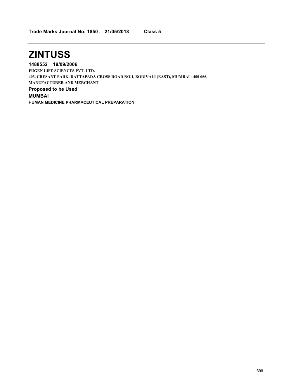 Zintuss 1488552 19/09/2006 Fugen Life Sciences Pvt