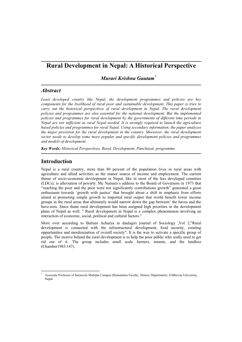 Rural Development in Nepal : a Historical Perspective