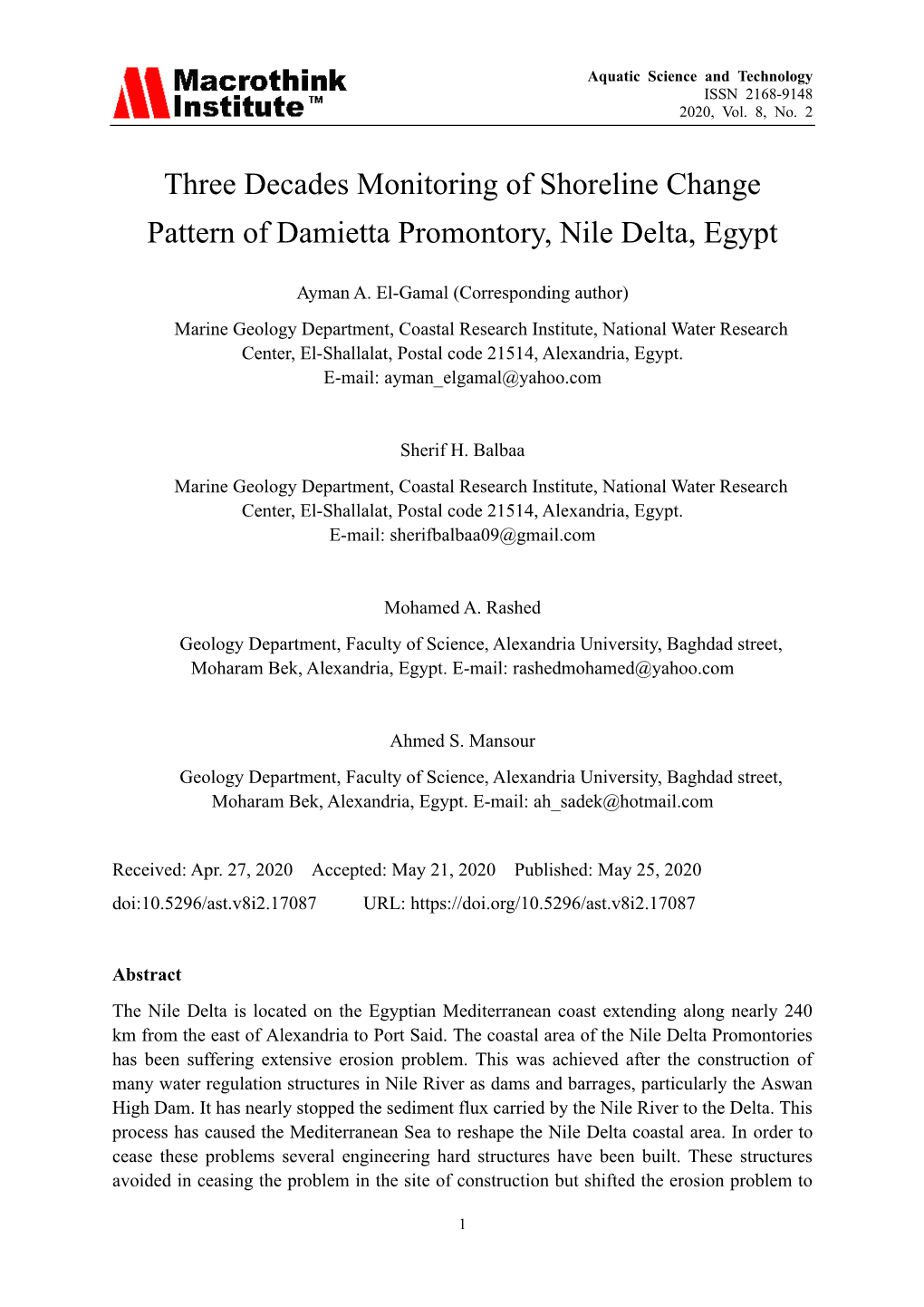Three Decades Monitoring of Shoreline Change Pattern of Damietta Promontory, Nile Delta, Egypt