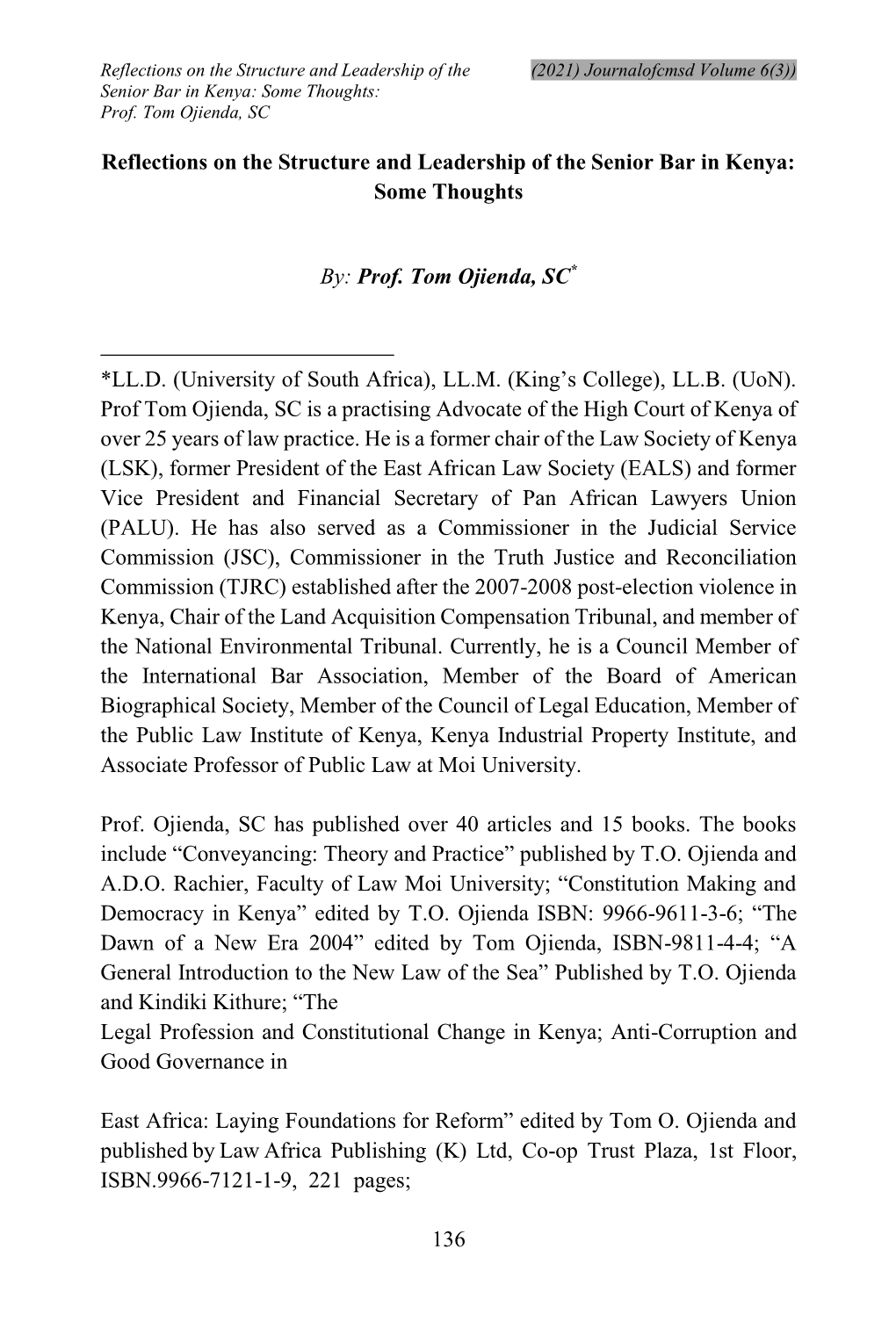 Senior Bar in Kenya: Some Thoughts: Prof. Tom Ojienda, SC