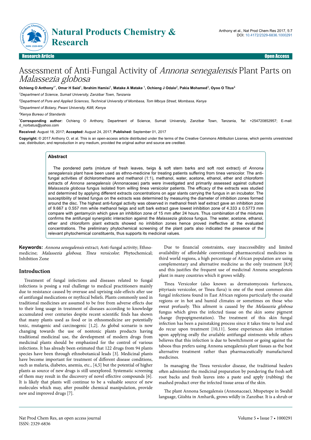 Assessment of Anti-Fungal Activity of Annona Senegalensis Plant Parts