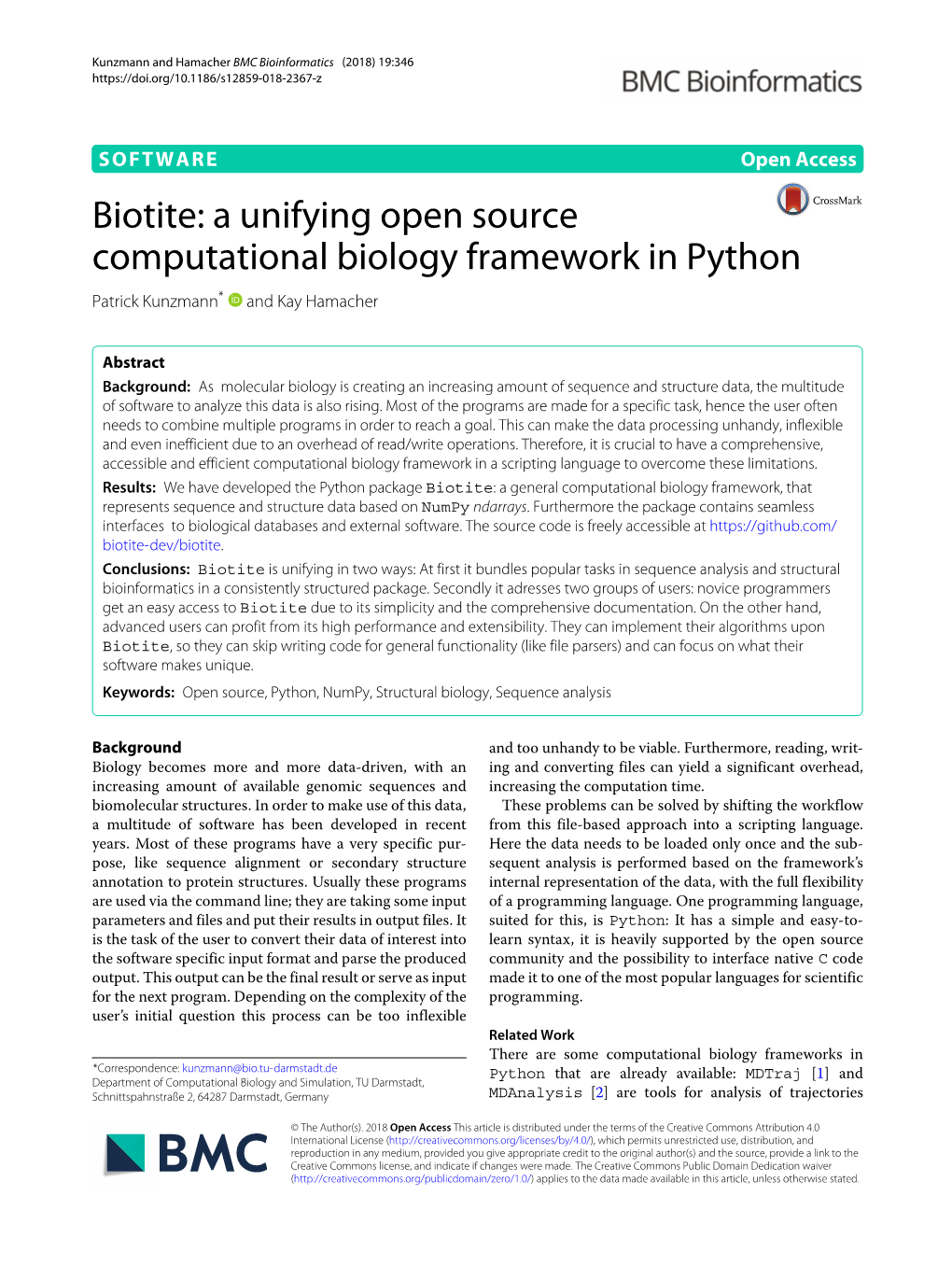 Biotite: a Unifying Open Source Computational Biology Framework in Python Patrick Kunzmann* and Kay Hamacher