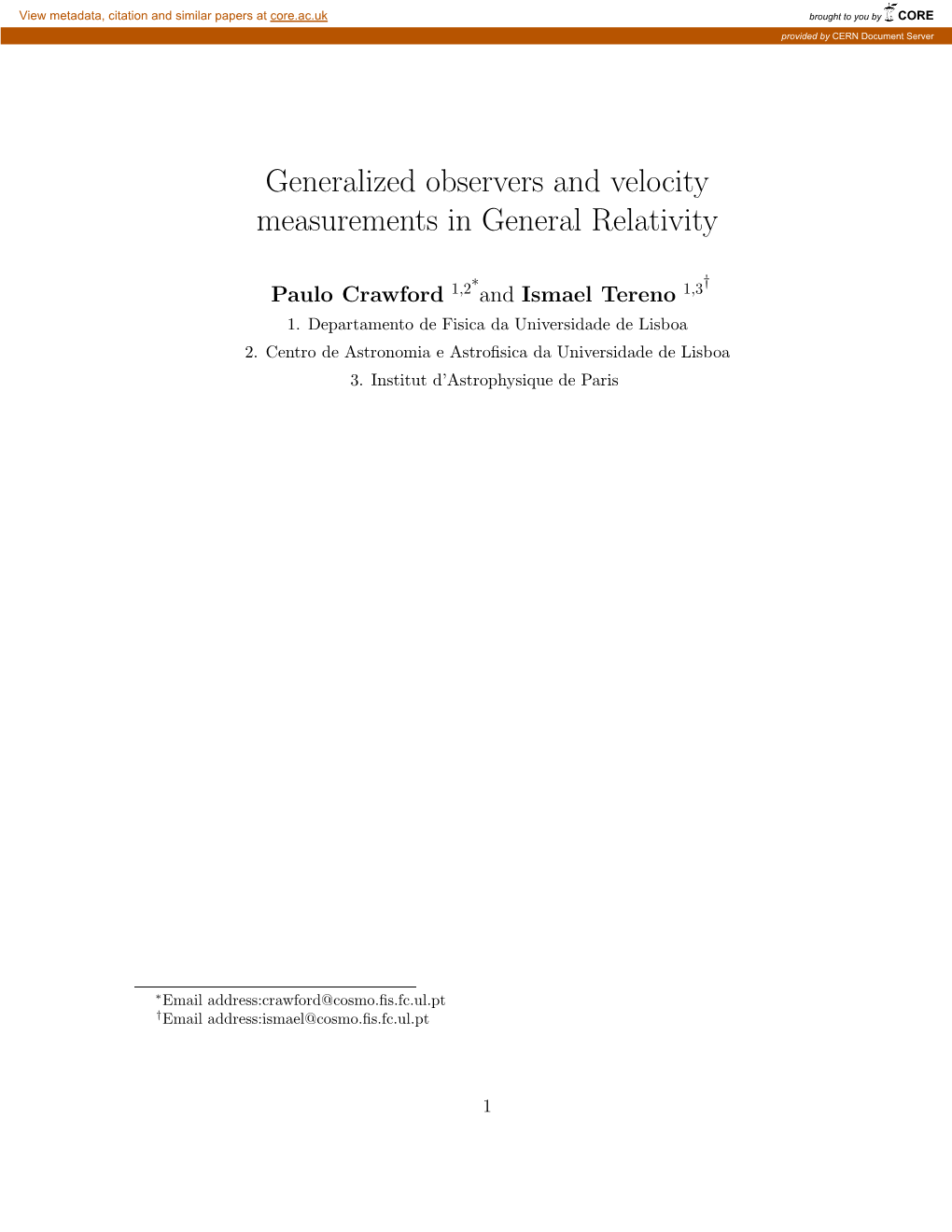 Generalized Observers and Velocity Measurements in General Relativity