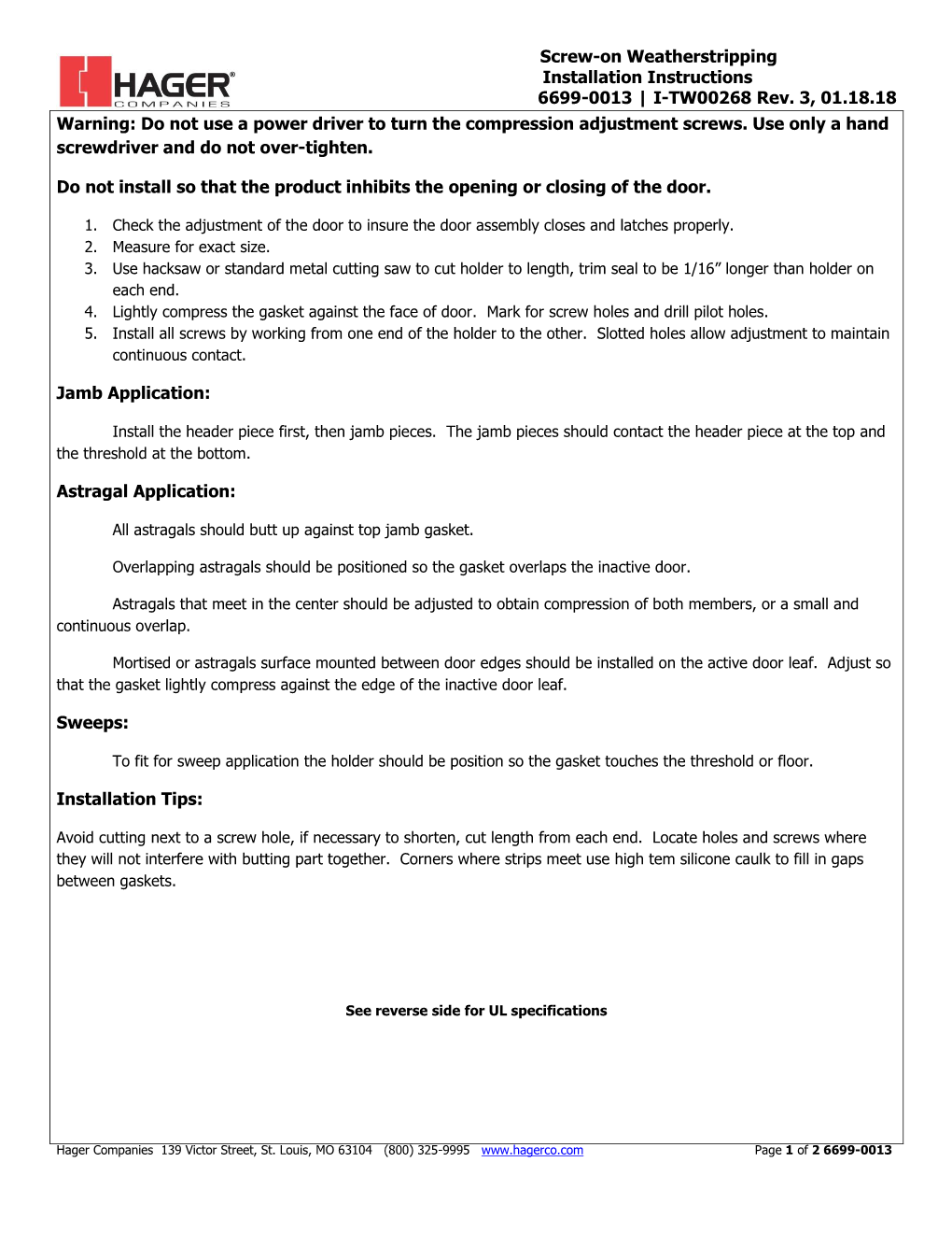 Screw-On Weatherstripping Installation Instructions 6699-0013 | I-TW00268 Rev