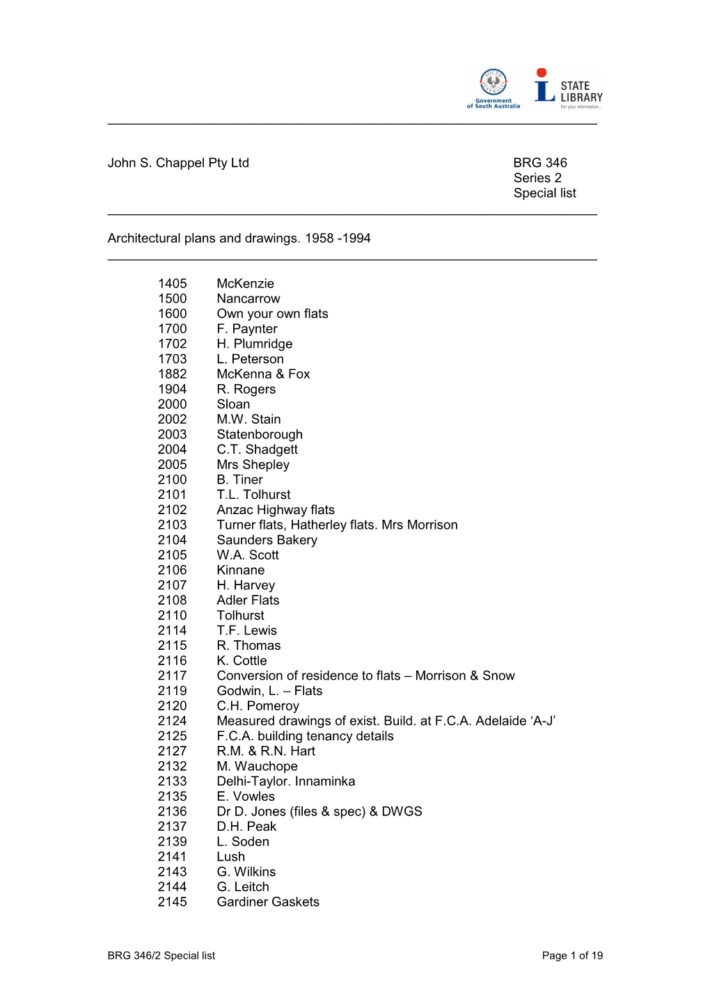 John S. Chappel Pty Ltd BRG 346 Series 2 Special List ______