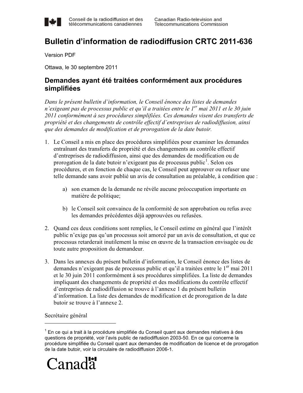 Bulletin D'information De Radiodiffusion CRTC 2011-636