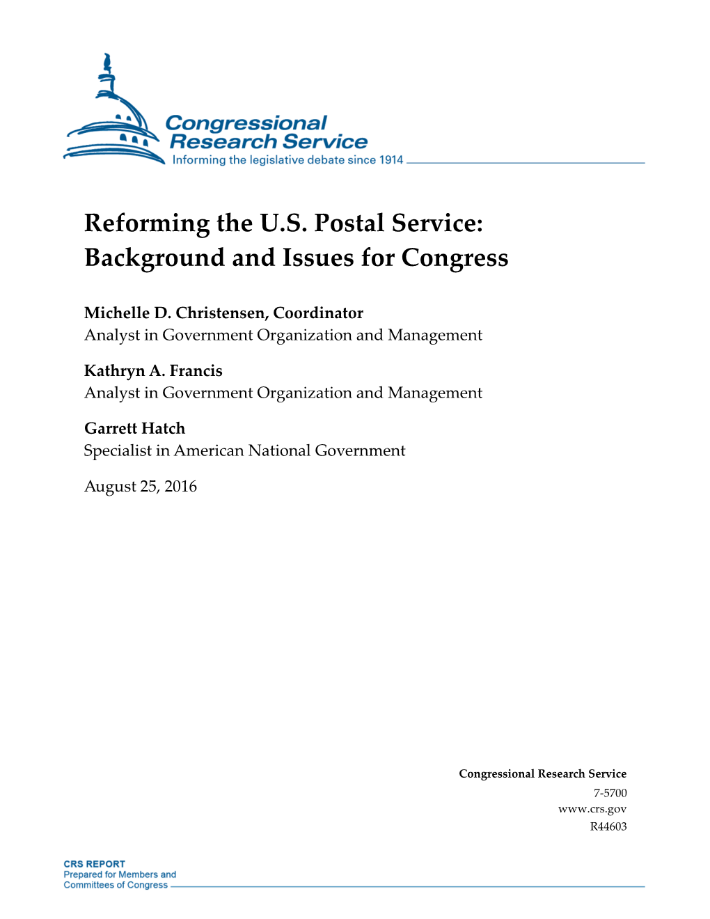 Reforming the U.S. Postal Service: Background and Issues for Congress