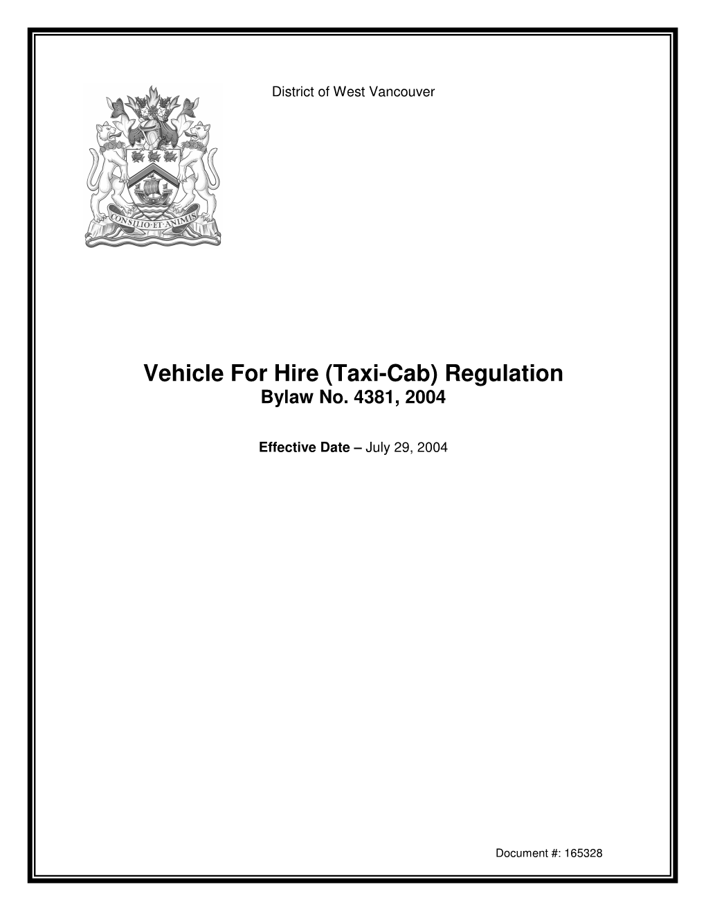 Vehicle for Hire (Taxi-Cab) Regulation Bylaw No