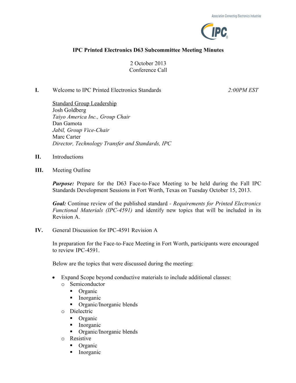 IPC Printed Electronics D63 Subcommittee Meeting Minutes