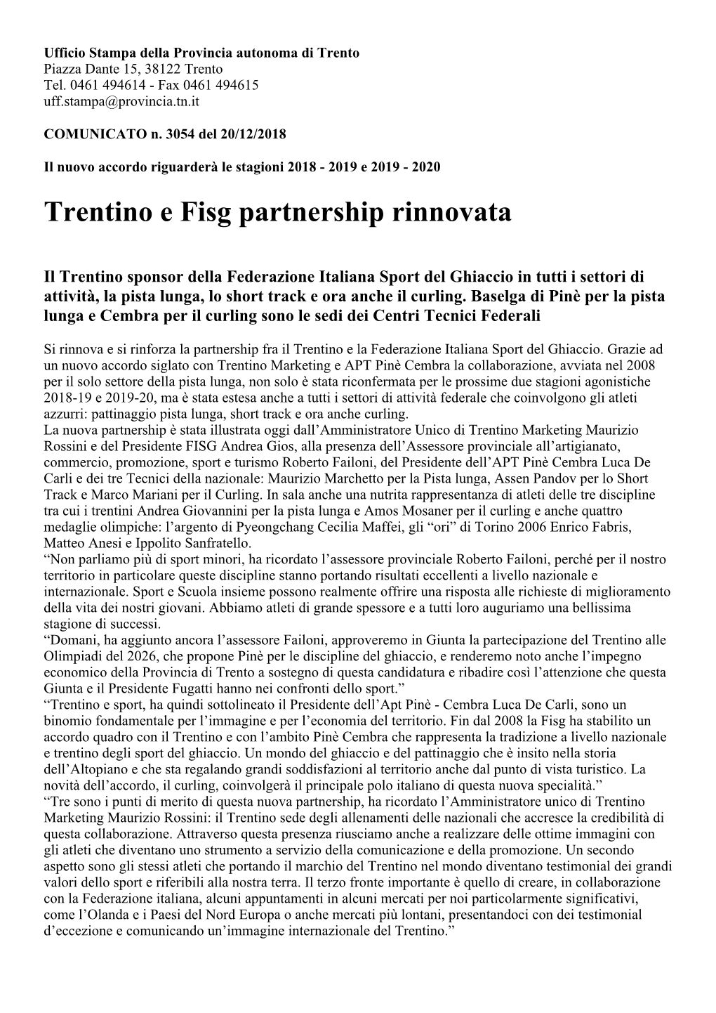 Trentino E Fisg Partnership Rinnovata