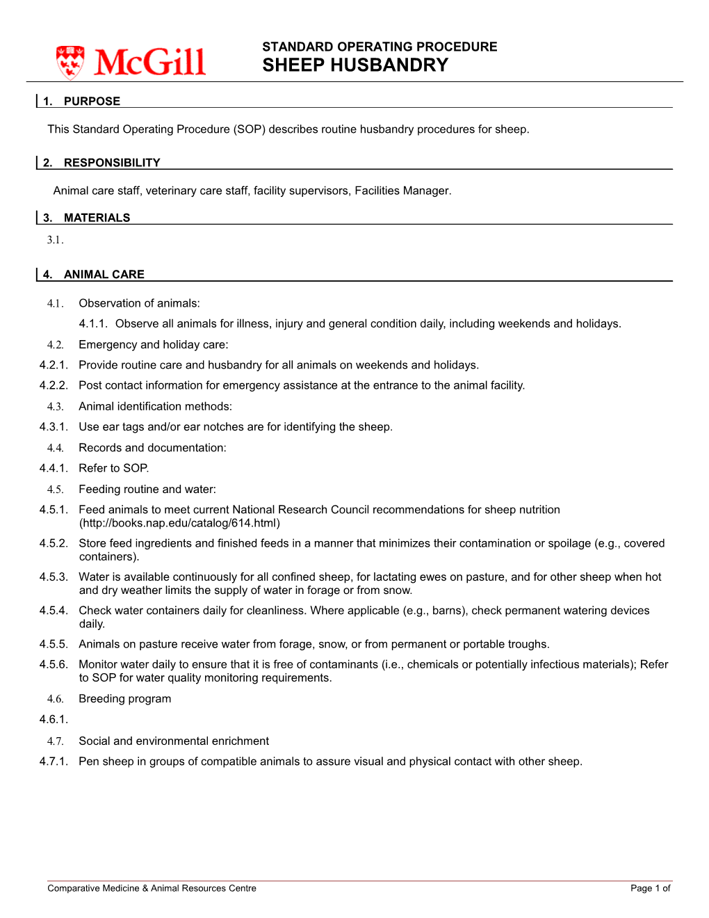 This Standard Operating Procedure (SOP) Describes Routine Husbandry Procedures for Sheep