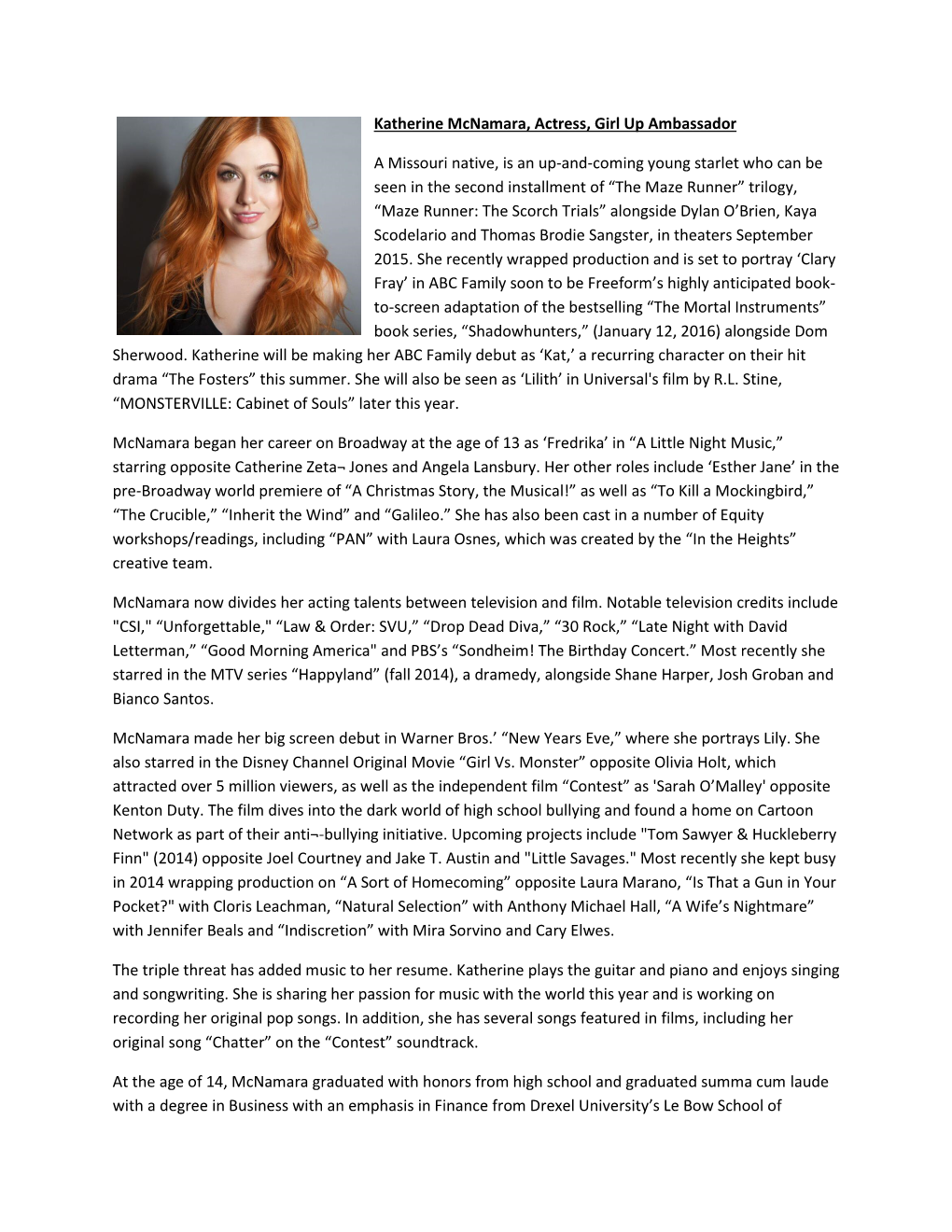 Katherine Mcnamara, Actress, Girl up Ambassador a Missouri Native, Is