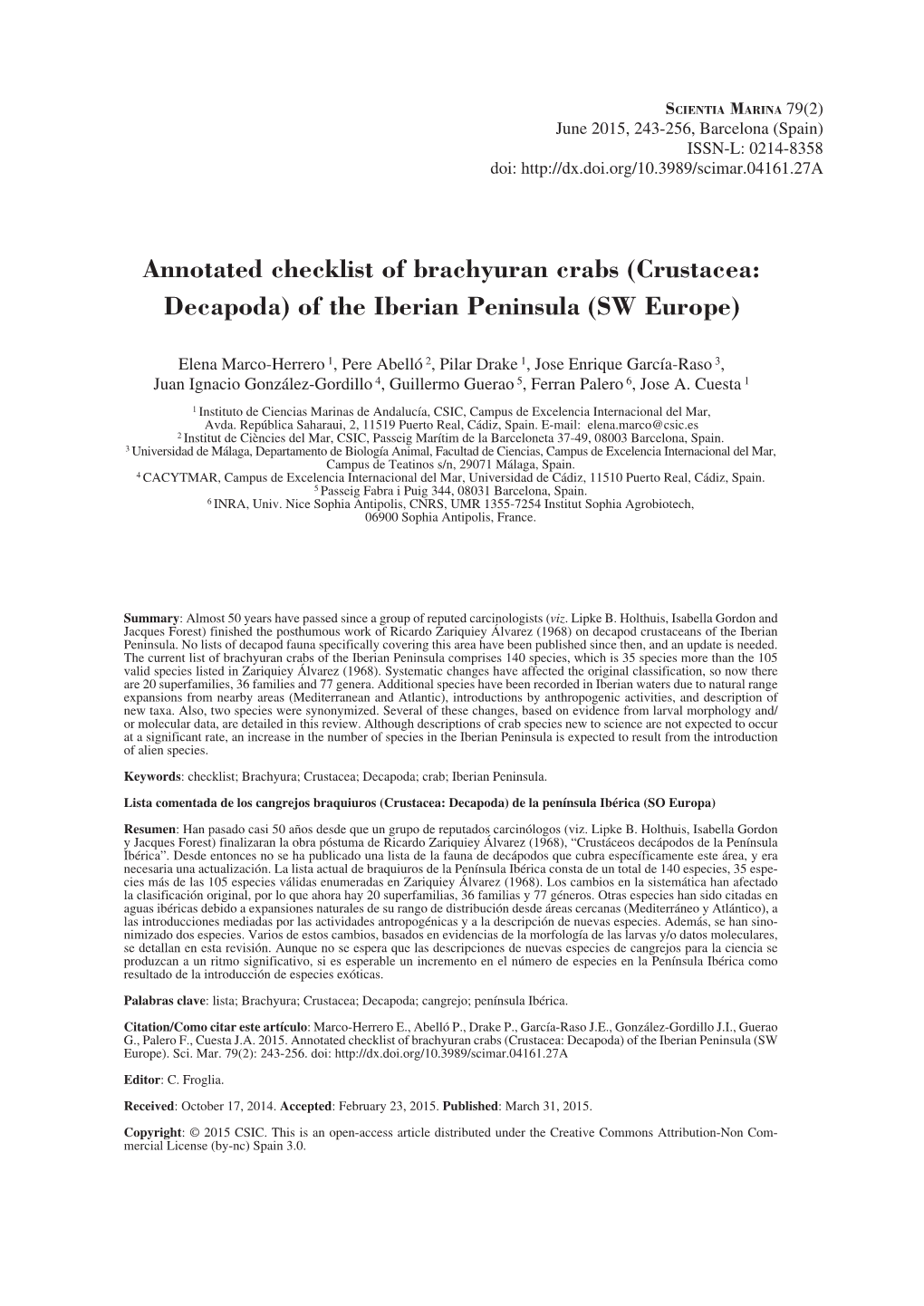 Crustacea: Decapoda) of the Iberian Peninsula (SW Europe