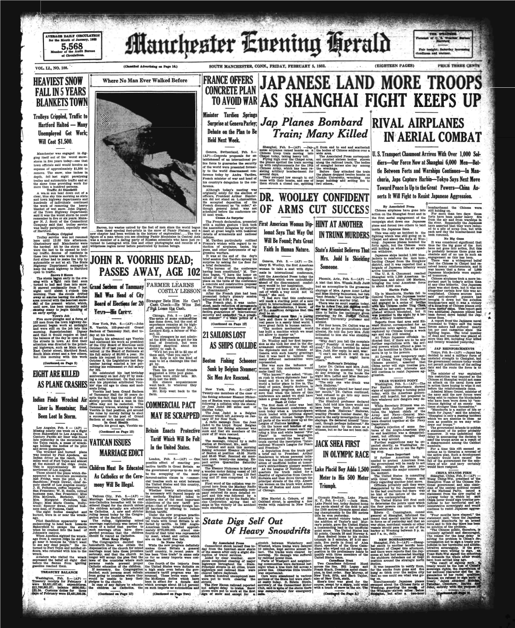 ASSHMGHAI Trooeys Crippled, Traffic to Minister Tardien Springs Hartford Halted — Many Surprise at Genevaparle^ Jap Planes Bombard K? I'/-' '