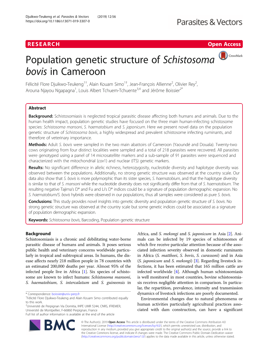 Population Genetic Structure of Schistosoma Bovis in Cameroon