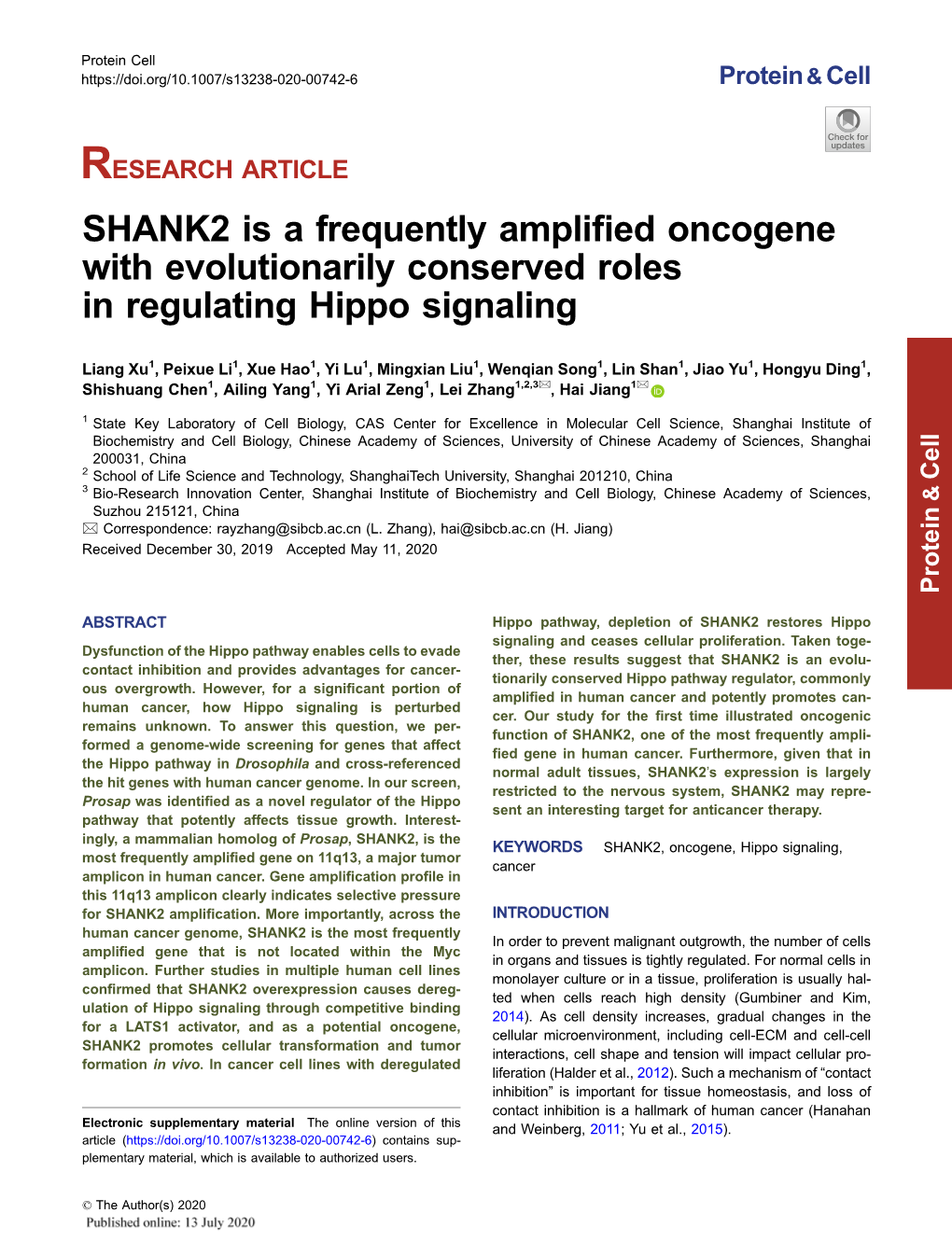 SHANK2 Is a Frequently Amplified Oncogene with Evolutionarily Conserved Roles in Regulating Hippo Signaling