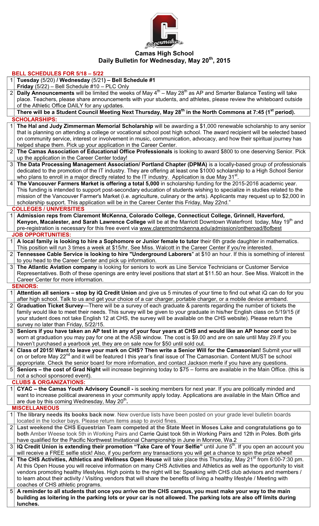 Camas High School Daily Bulletin for Wednesday, May 20Th, 2015