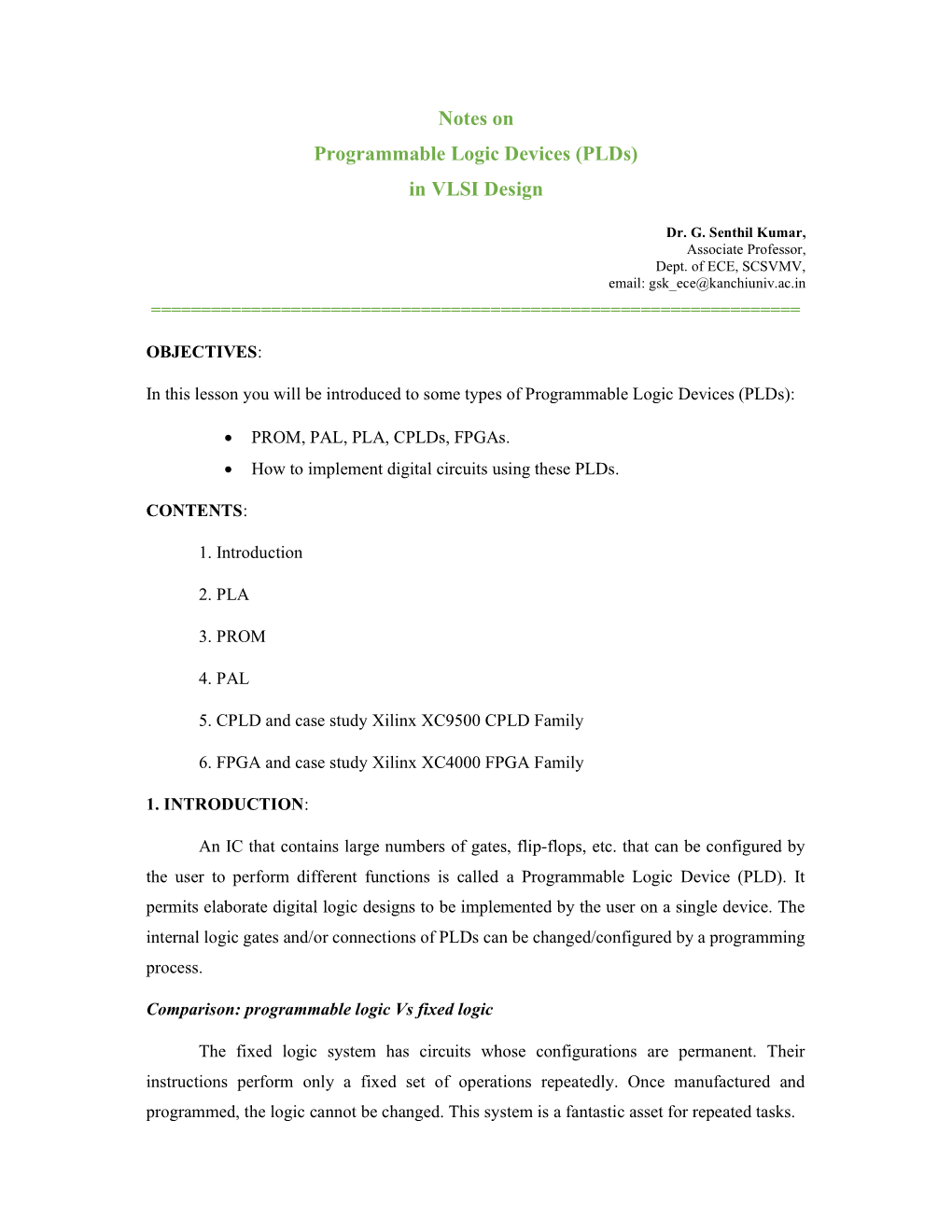 Notes on Programmable Logic Devices (Plds) in VLSI Design