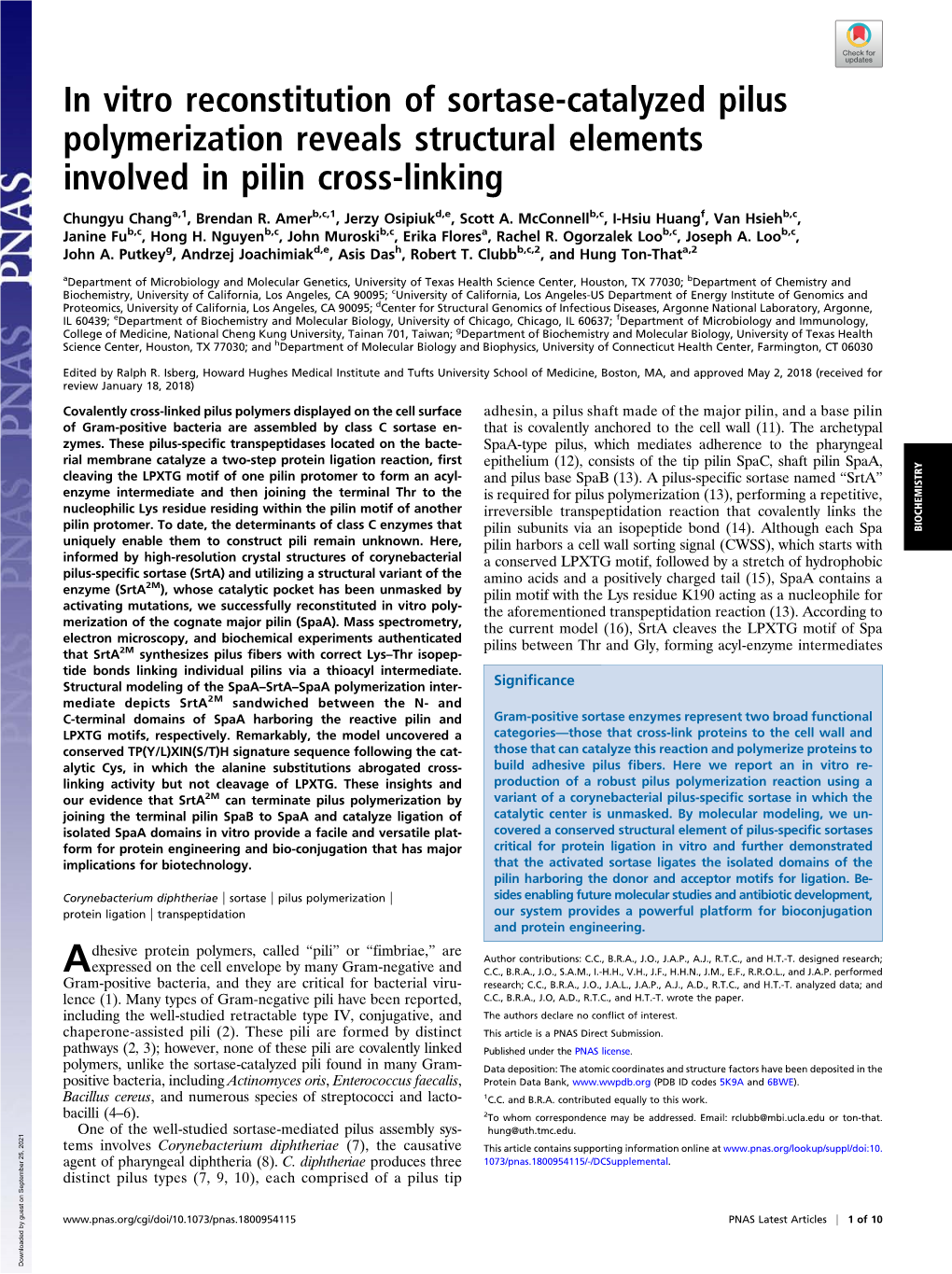 In Vitro Reconstitution of Sortase-Catalyzed Pilus Polymerization Reveals Structural Elements Involved in Pilin Cross-Linking