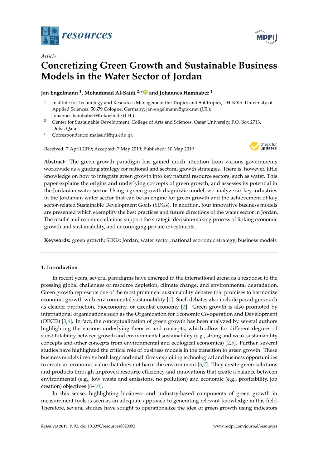 Concretizing Green Growth and Sustainable Business Models in the Water Sector of Jordan