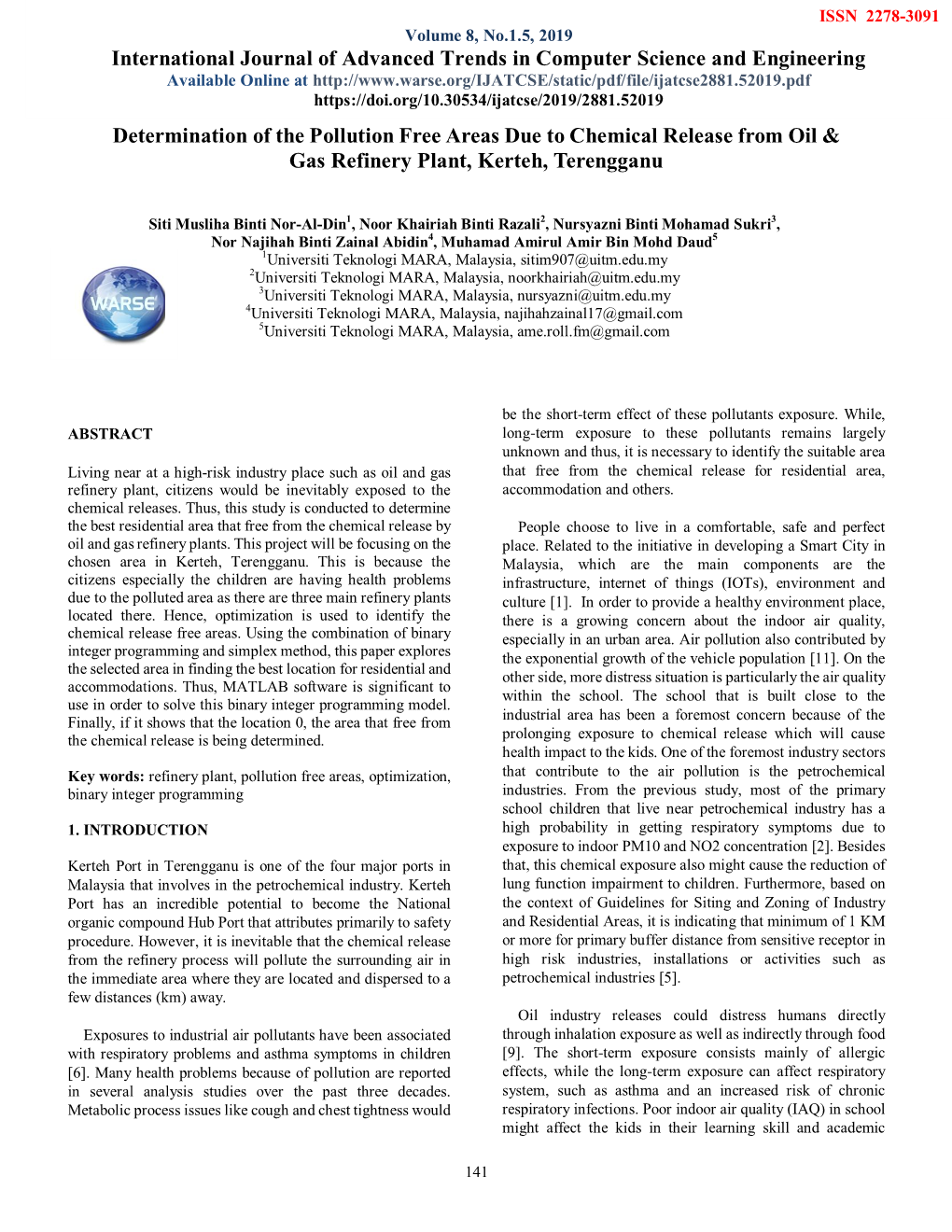 Determination of the Pollution Free Areas Due to Chemical Release from Oil & Gas Refinery Plant, Kerteh, Terengganu