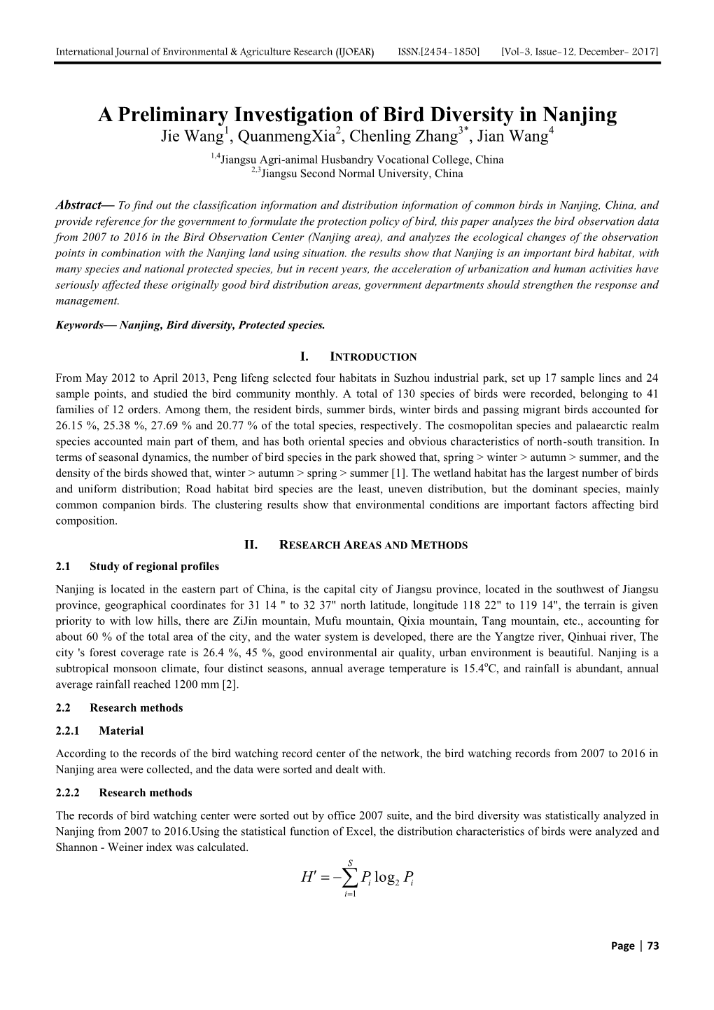 A Preliminary Investigation of Bird Diversity in Nanjing