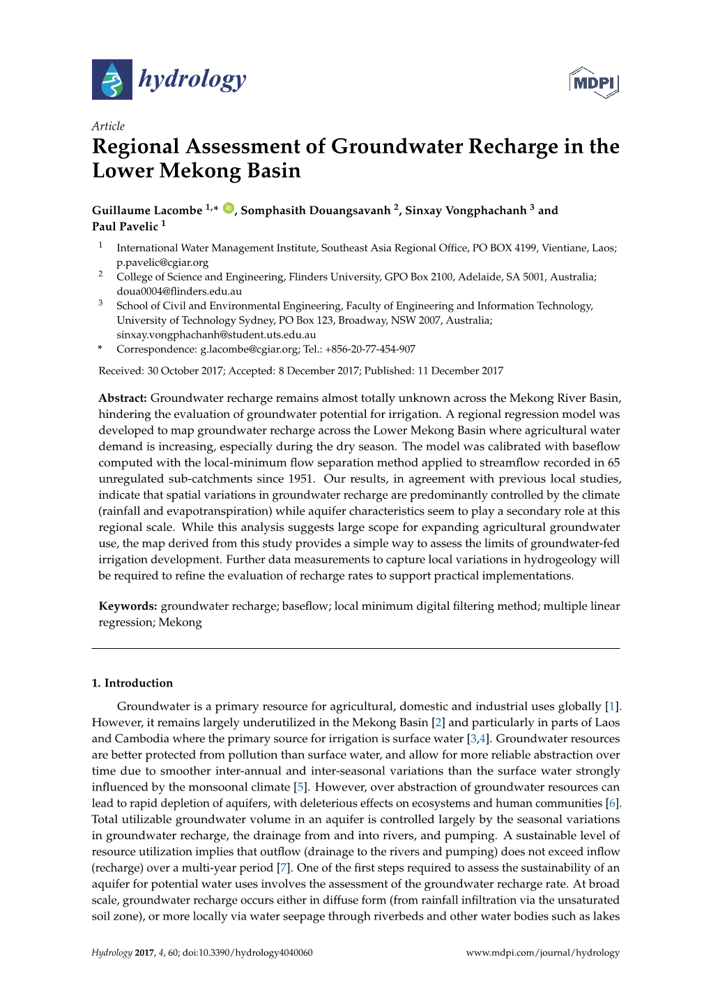 Regional Assessment of Groundwater Recharge in the Lower Mekong Basin