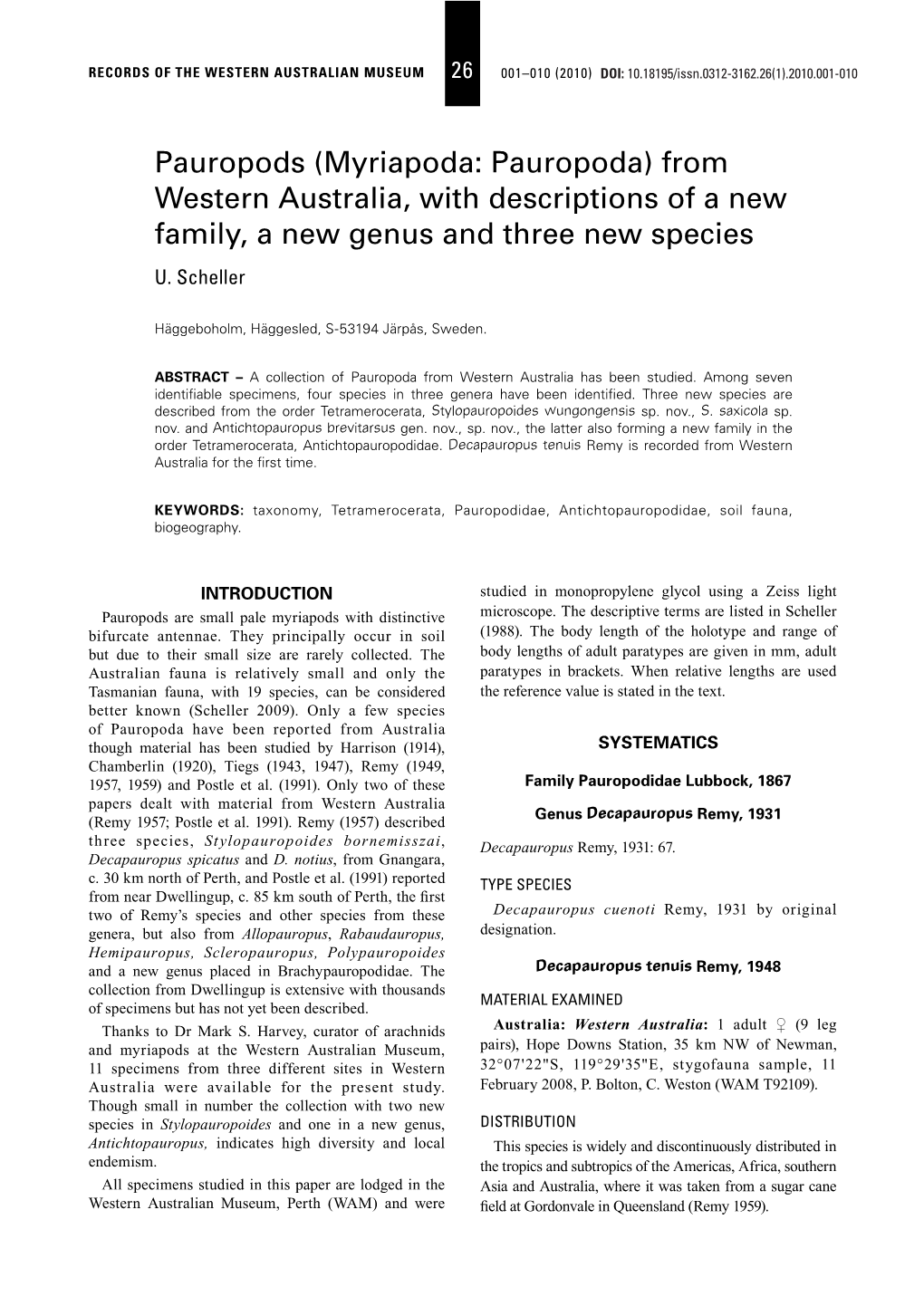 Pauropods (Myriapoda: Pauropoda) from Western Australia, with Descriptions of a New Family, a New Genus and Three New Species U