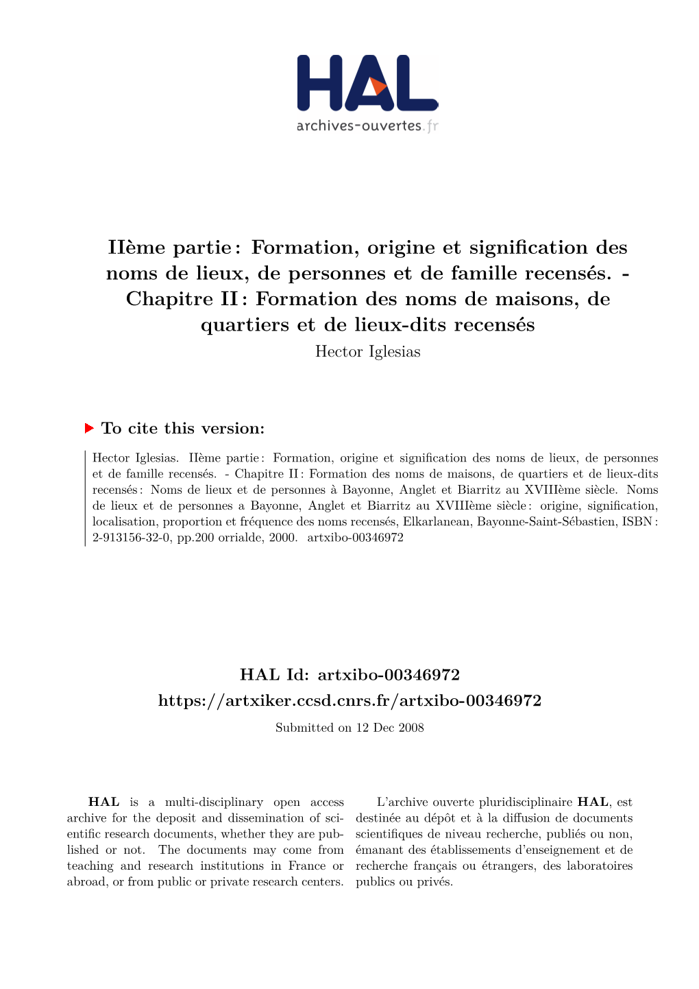 Formation, Origine Et Signification Des Noms De Lieux, De Personnes Et De Famille Recensés