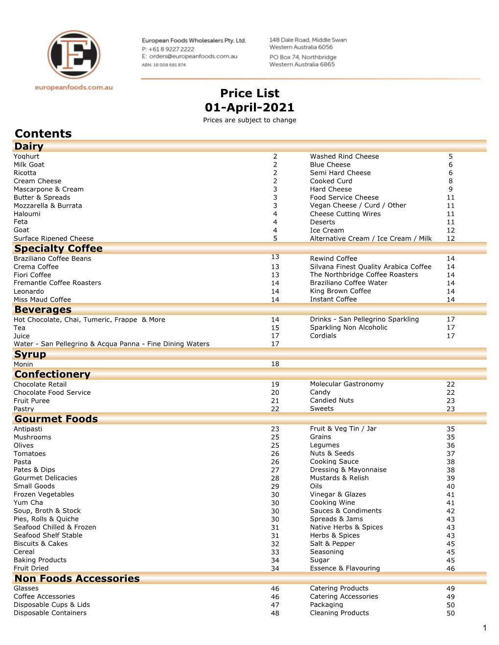 Contents Price List 01-April-2021