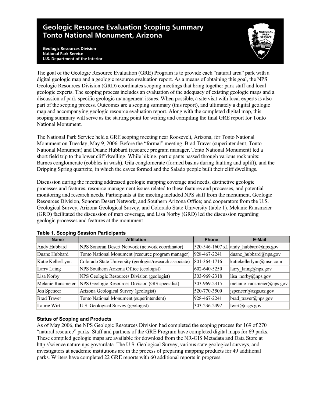 Tonto National Monument Geologic Resource Evaluation Scoping