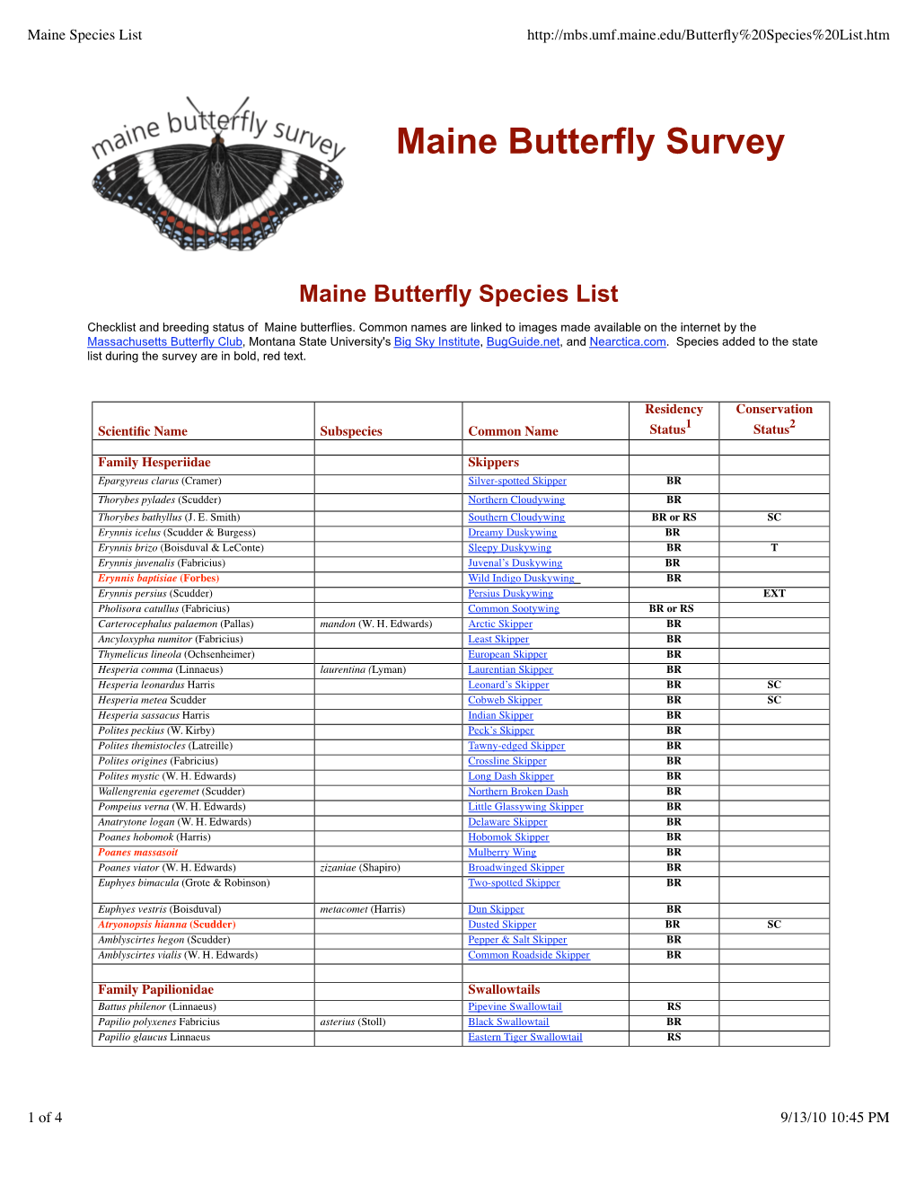 Maine Species List