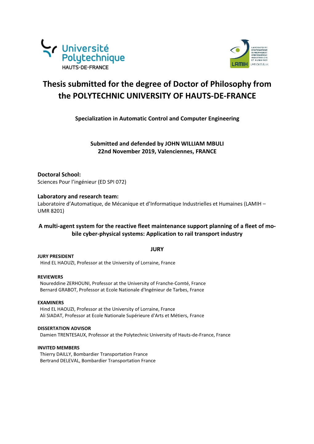 Thesis Submitted for the Degree of Doctor of Philosophy from the POLYTECHNIC UNIVERSITY of HAUTS-DE-FRANCE