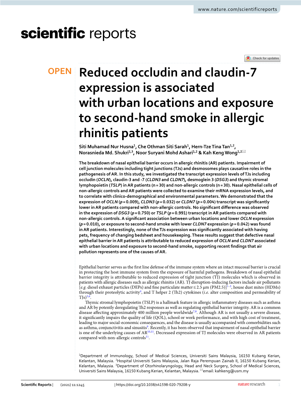 Reduced Occludin and Claudin-7 Expression Is Associated with Urban
