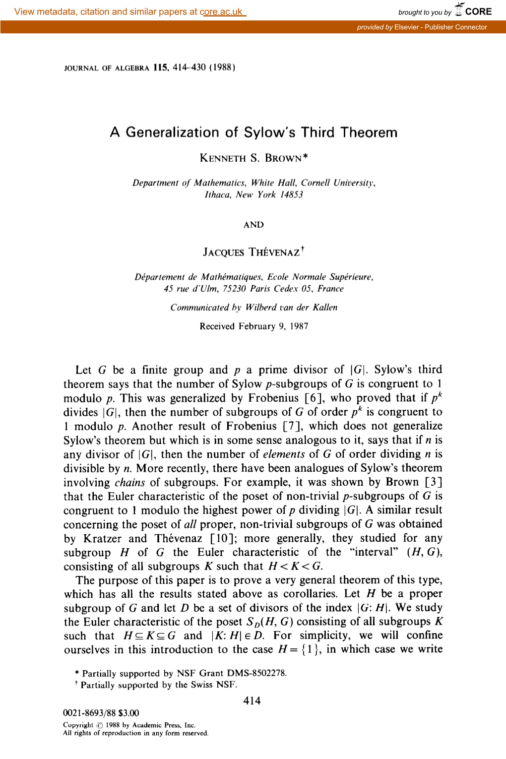 A Generalization of Sylow's Third Theorem