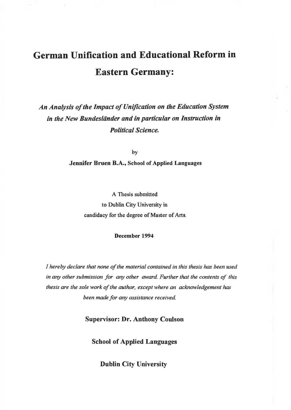 German Unification and Educational Reform in Eastern Germany
