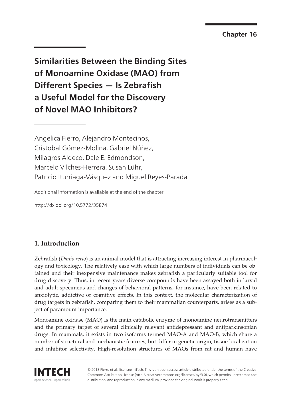 Similarities Between the Binding Sites of Monoamine Oxidase (MAO) from Different Species — Is Zebrafish a Useful Model for the Discovery of Novel MAO Inhibitors?